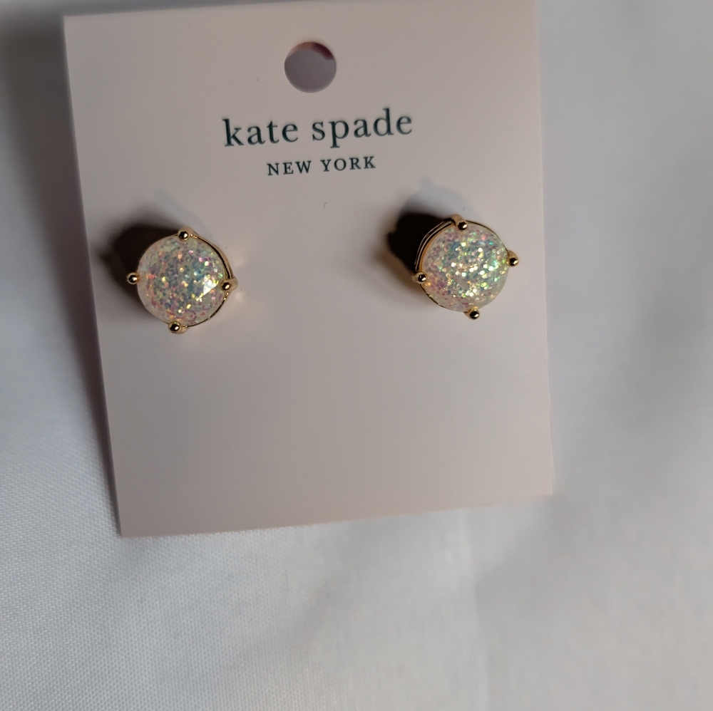 Kate Spade New York Opal Glitter Earrings Ivory, Flash Pink, 4 Prongs Gold NWT - Picture 3 of 12